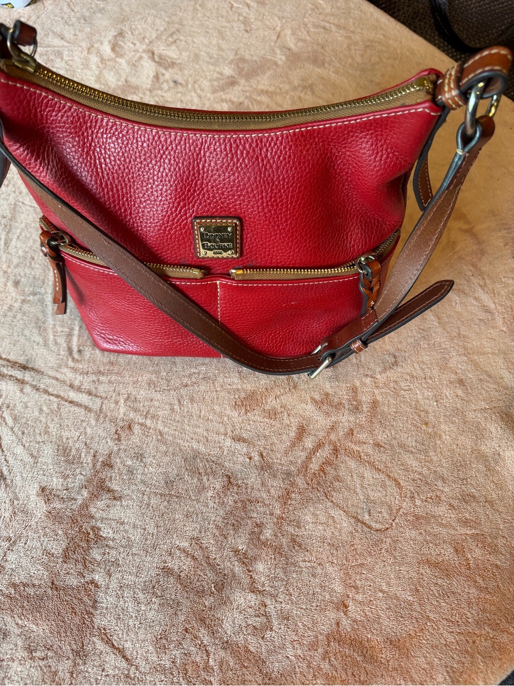 Dooney & Bourke Red Pebble Leather Hobo with Brown Strap